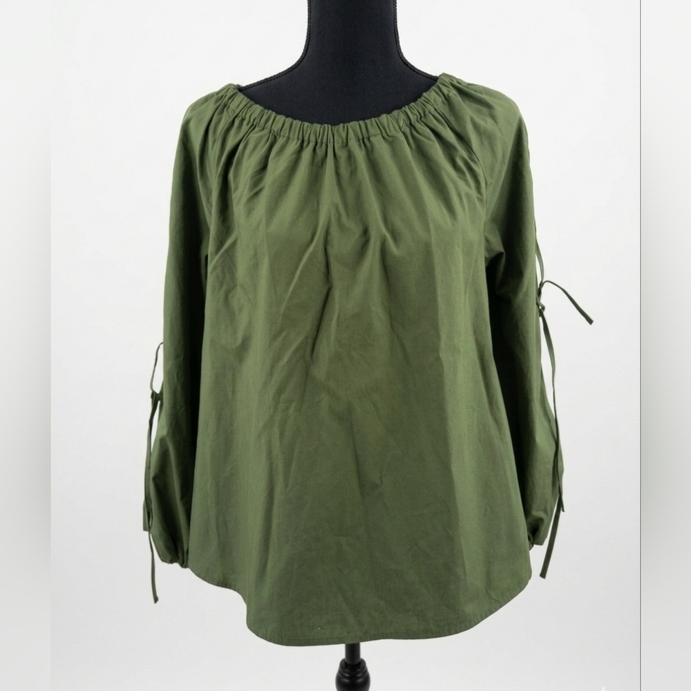 Elegant Olive Green Blouse with Tie Sleeves
